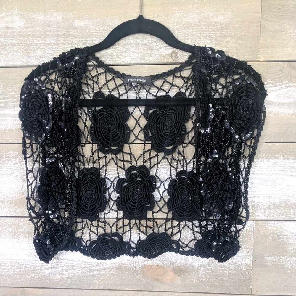 Bebe Black Crochet Sequin Shaw Size Small